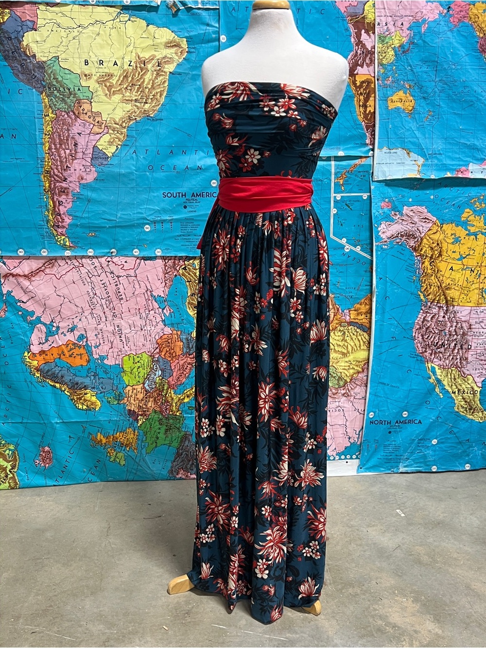 Mango Strapless Navy Floral Maxi Dress with Red Waistband